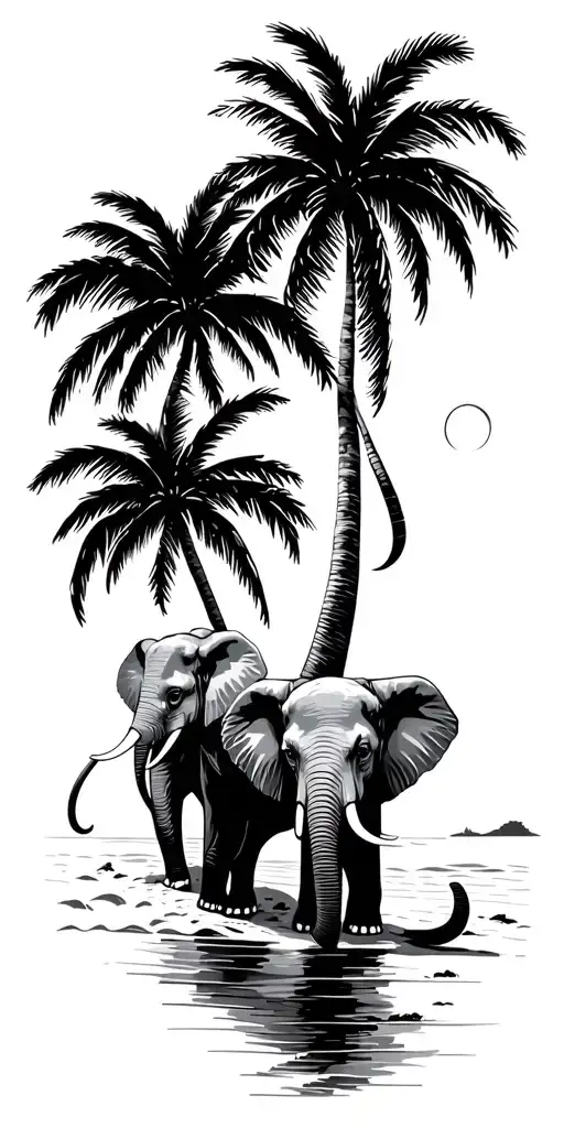 two elephants beach ocean palm trees sun tattoo design idea