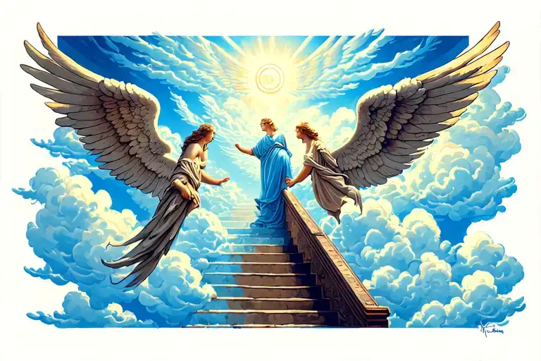 Angels clouds stairs going into heaven tattoo design idea
