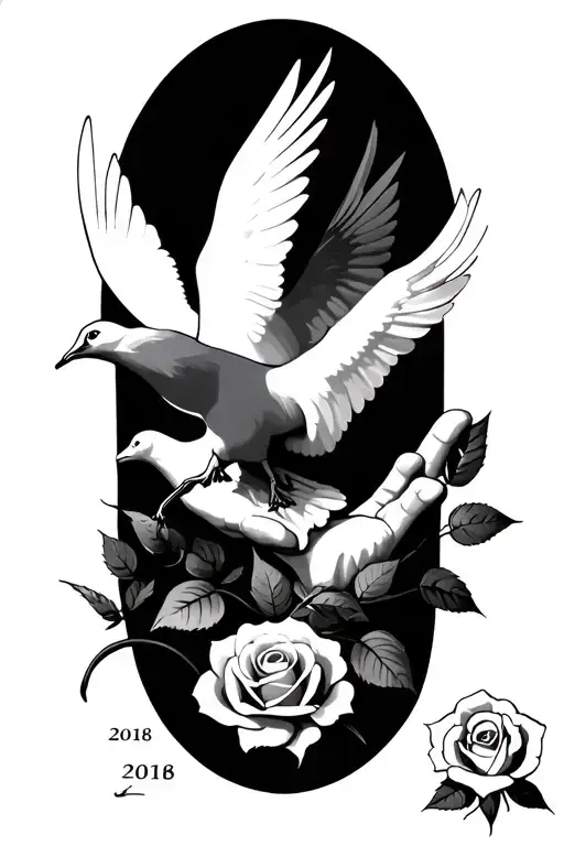 Dove with death date as well as a rose on the hand with shading above, than add more ideas to compliment the dove  tattoo design idea