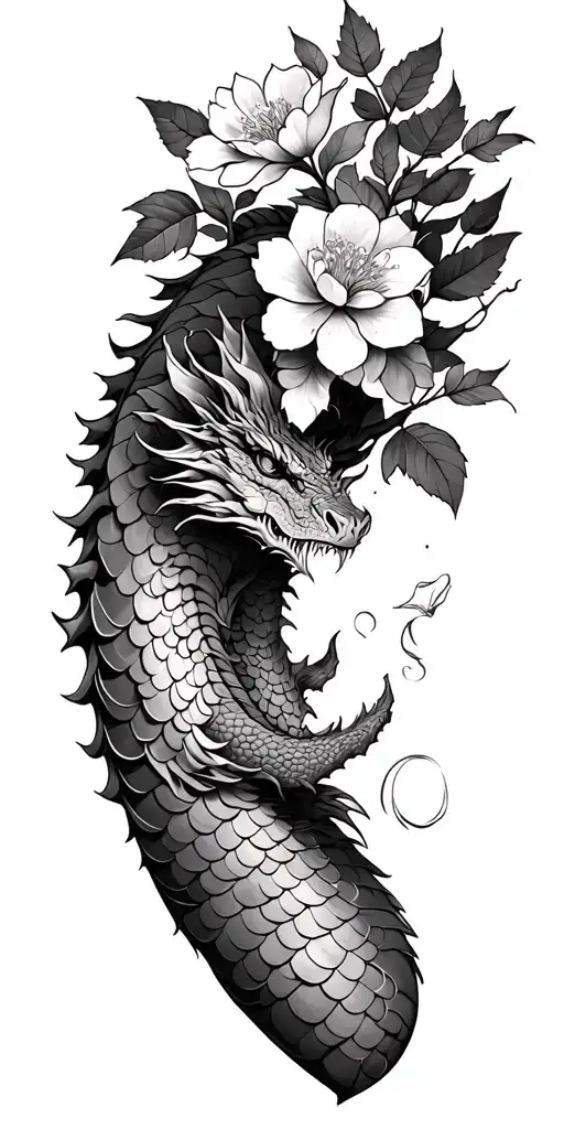 left arm sleeve starting with a floral and checrry blossom tree and leaves turing into dargon scales from mid bicep to t tattoo design idea