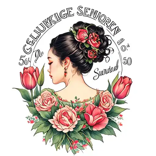 a tattoo on the back of a beautiful woman with the text "De Gelukkige Senioren 50+ surrounded by roses and tulips tattoo design idea