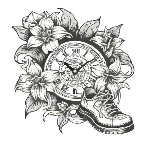 A clock, daffodils, baby footprints, daughters name Adaleen tattoo design idea