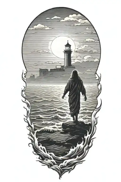 A Silhouette Of muscular Jesus Walking On Water towards a distant Lighthouse, realistic, veiw from the back,  tattoo design idea
