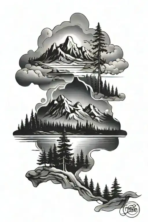 fire, mountain and forest tattoo design idea