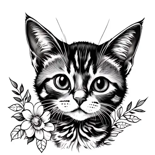 Stencil cat fine line floral kitten tattoo design idea