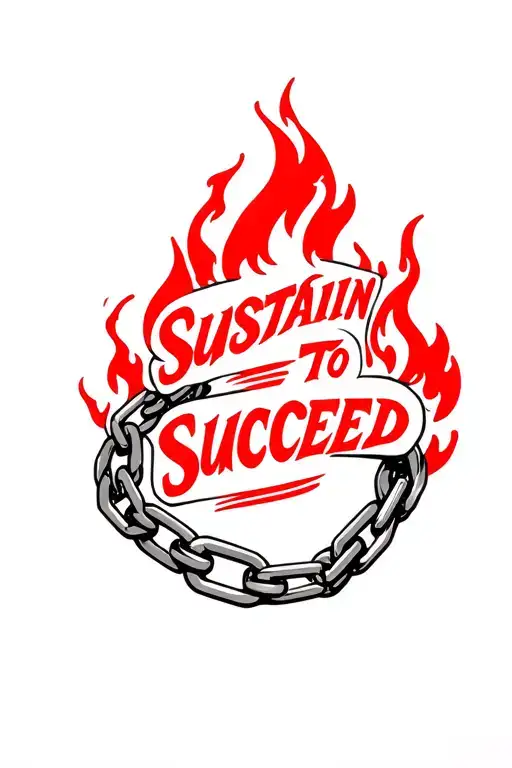 sharp chain link engulfed in flames wrapping around my entire forearm  with the quote sustain to succeed in red bold  tattoo design idea