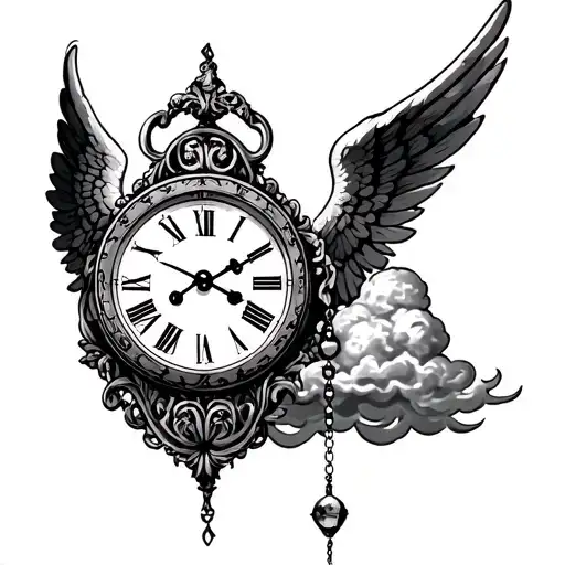 Angel wing, old clock, cloud, site of God, rosary for a birth first name Paloma tattoo design idea