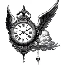 Angel wing, old clock, cloud, site of God, rosary for a birth first name Paloma tattoo design idea