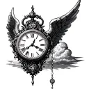 Angel wing, old clock, cloud, site of God, rosary for a birth first name Paloma tattoo design idea