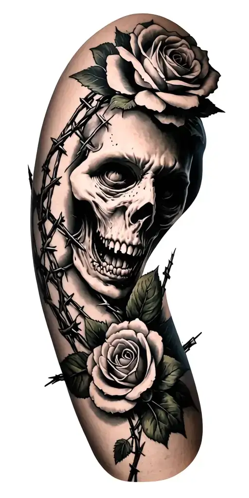 barbed wire and roses entwined tattoo design idea