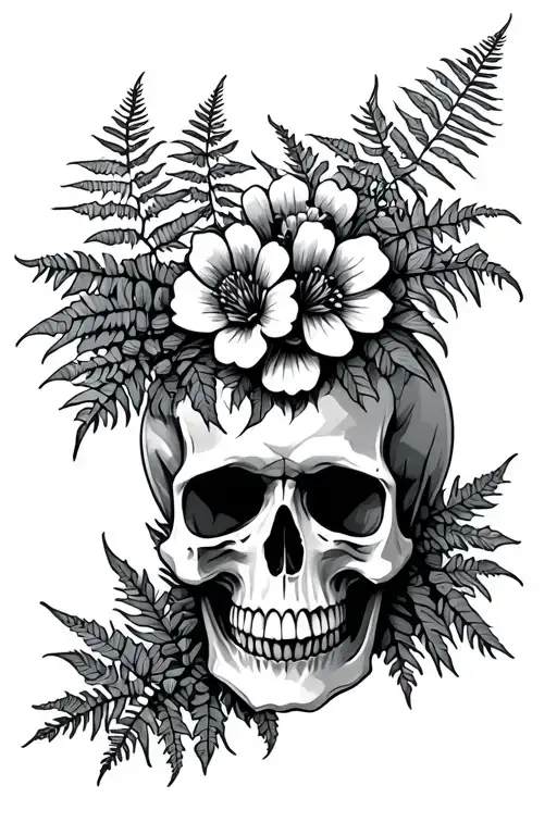 skull and ferns sticking out with flowers tattoo design idea