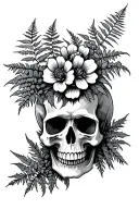 skull and ferns sticking out with flowers tattoo design idea