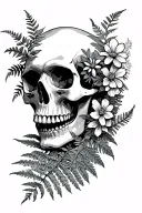 skull and ferns sticking out with flowers tattoo design idea