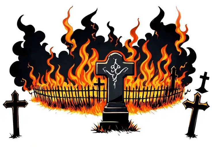 grave yard with crosses and fences around it surrounded by flames with dark cloud and lighting  tattoo design idea