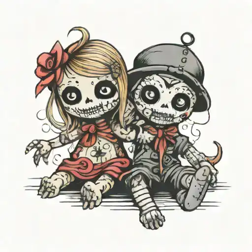 boy and girl voodoo dolls leaning on each other  tattoo design idea