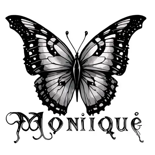 cybersigil butterfly with "Monique" written in metal font tattoo design idea