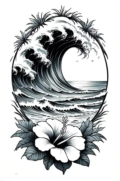 ocean waves crashing on beach with hibiscus flowers on the bottom tattoo design idea
