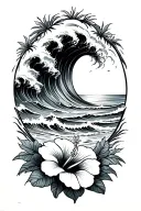 ocean waves crashing on beach with hibiscus flowers on the bottom tattoo design idea