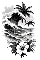 ocean waves crashing on beach with hibiscus flowers on the bottom tattoo design idea