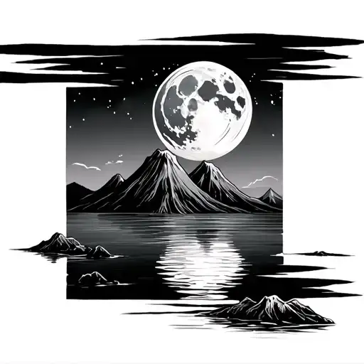 lake atitalan at night with full moon in sky and reflected in water. 3  of the volcanoes visible. all within a frame tattoo design idea