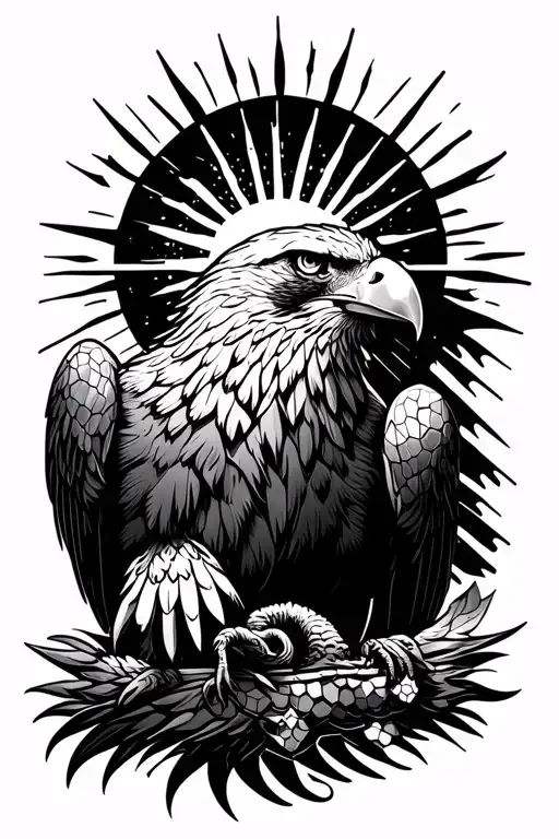 Abstract eagle on thigh, with sun with rays above the eagle. incorporate hexagons and tesellated shapes in the backgroun tattoo design idea