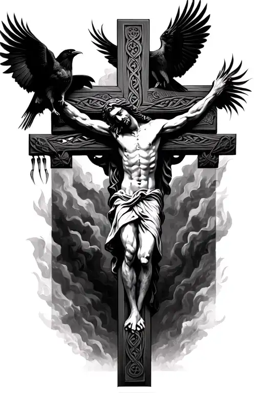 jesus on celtic cross with crows perched and flying with claws tattoo design idea