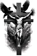 jesus on celtic cross with crows perched and flying with claws tattoo design idea