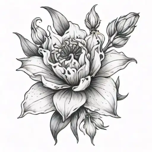photorealistic, grayscale tattoo of 'queen of the night'  flower, feminine, inspired by lyrics "Find s tattoo design idea