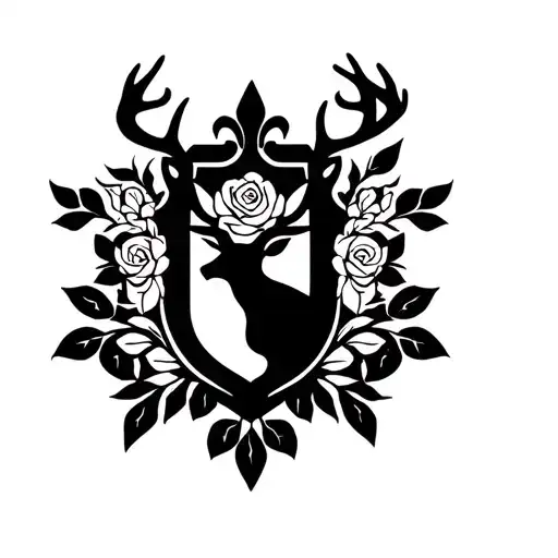 family crest with a deer, rose, fleur de lis tattoo design idea