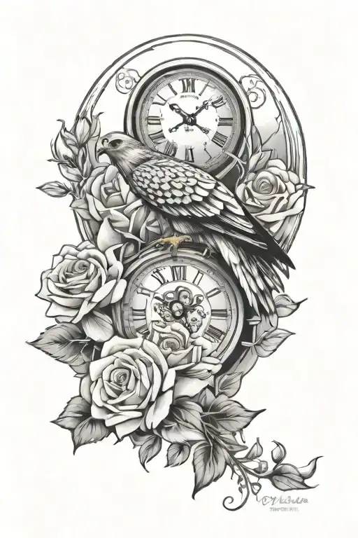hawk, clock and rose tattoo design idea