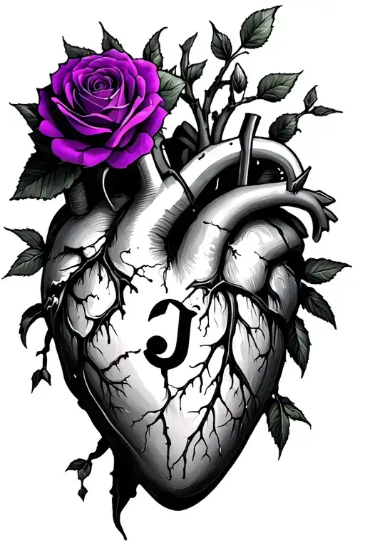 frankenstein heart, purple ros with stem stabbing the heart, kintsugi, letter J  tattoo design idea