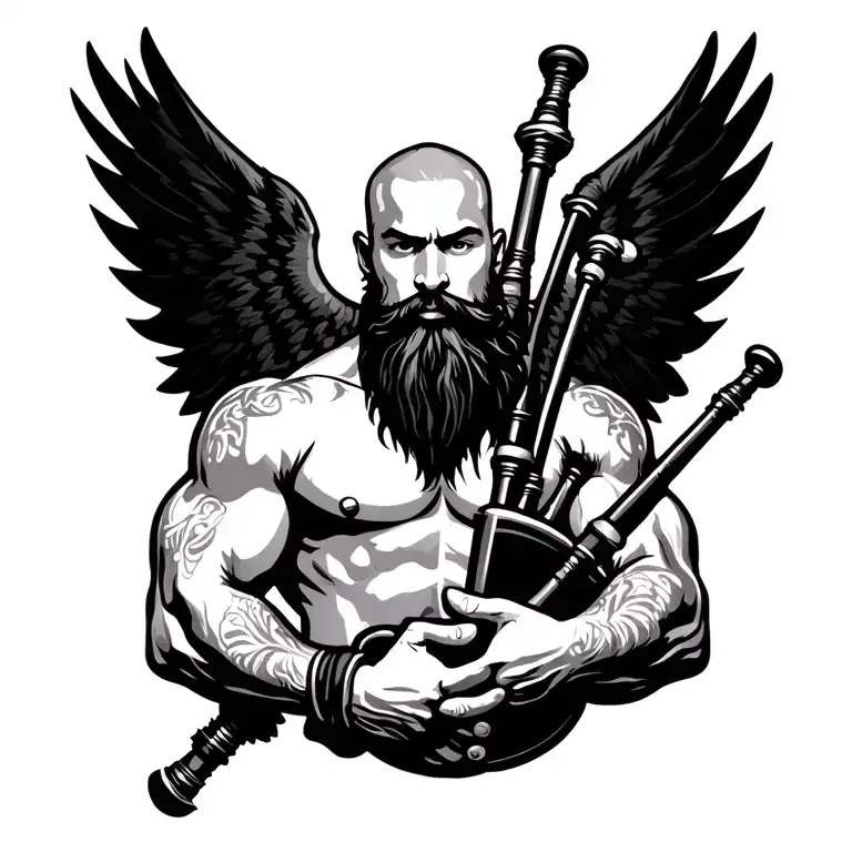 handsome scottish bagpiper bald black beard  muscular wearing pipes in arm big black wings shirtless tattoo tattoo design idea