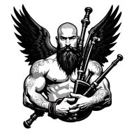 handsome scottish bagpiper bald black beard  muscular wearing pipes in arm big black wings shirtless tattoo tattoo design idea
