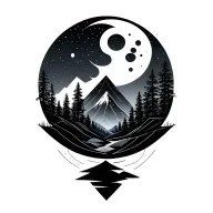 Geometric, moon, mountain, forest scene with a hidden tattoo design idea