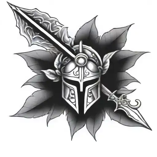 italian spartan helmet with laurel bay leaves and a sword going through the top tattoo design idea