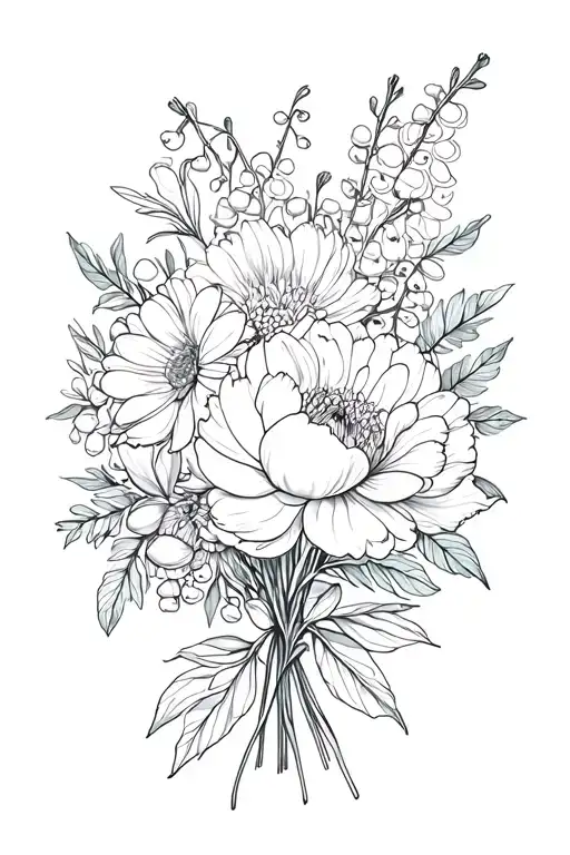 fine line bouquet of peony, ranunculus, dahlia, lily of the valley and peony tattoo design idea