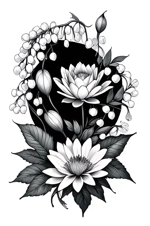 Waterlillies;  roses; lily of the valley flowers; aster flower; marigold flower: dark background sleeve  tattoo design idea