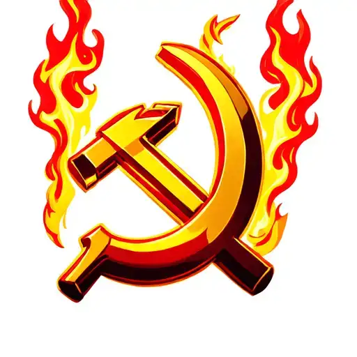 Red, Communist hammer and sickle, flammes bleues et tattoo design idea