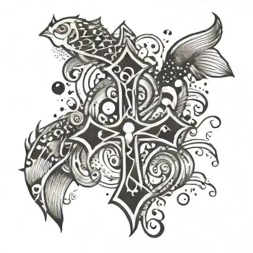 An intricate tattoo of a Christian cross made out of musical notes and surrounded by cartoon fish tattoo design idea