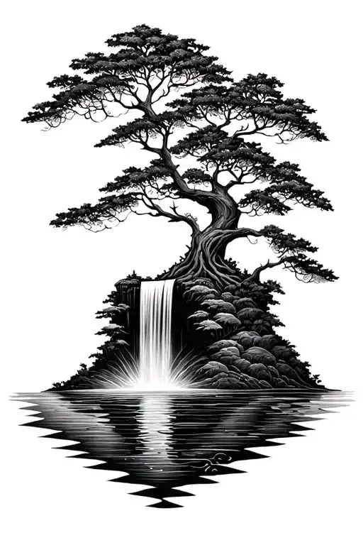 tree of life with water on a floating land with waterfall in front flowing tattoo design idea