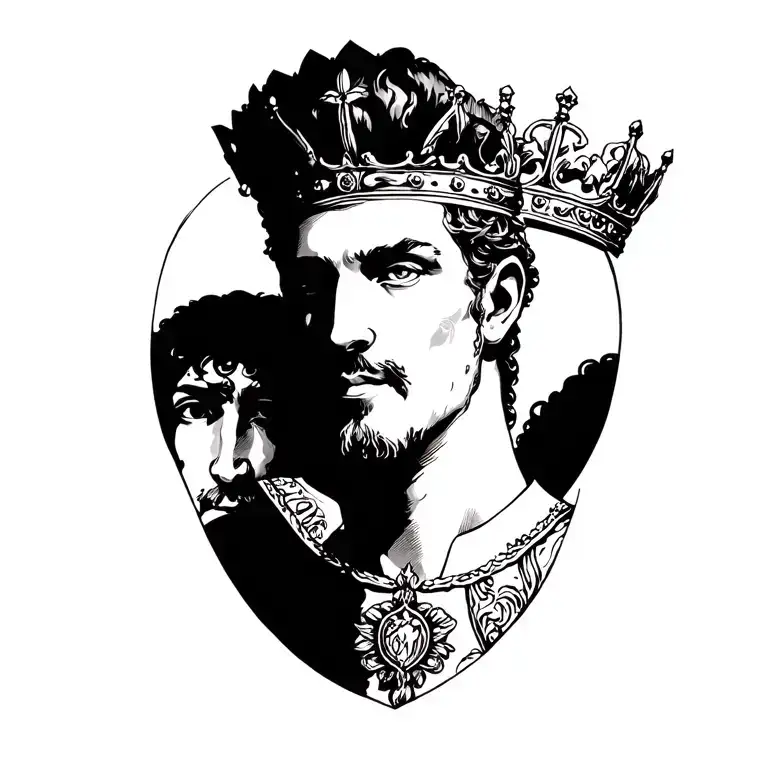 A king standing behind a prince and crowning him tattoo design idea