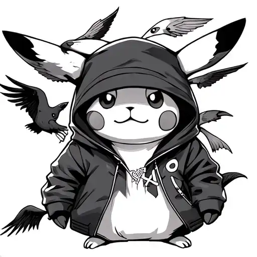 create a tattoo design of Pikachu wearing Akatsuki coat. add some ravens to it  tattoo design idea