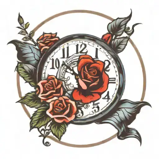 clock and flag roses  tattoo design idea