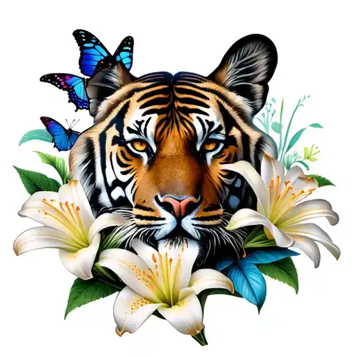 lily flowers and butterflies with tiger face morphing tattoo design idea