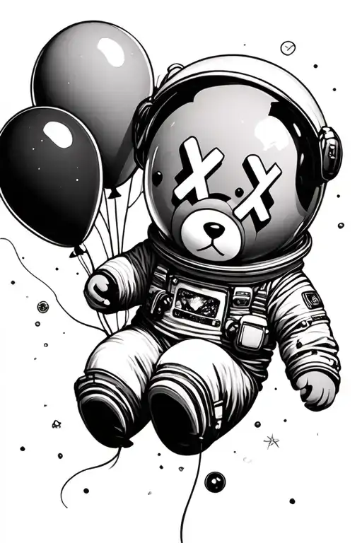 an astronout with a teddy bear face with x and o letters instead of eyes holding onto some ballons floating into space tattoo design idea