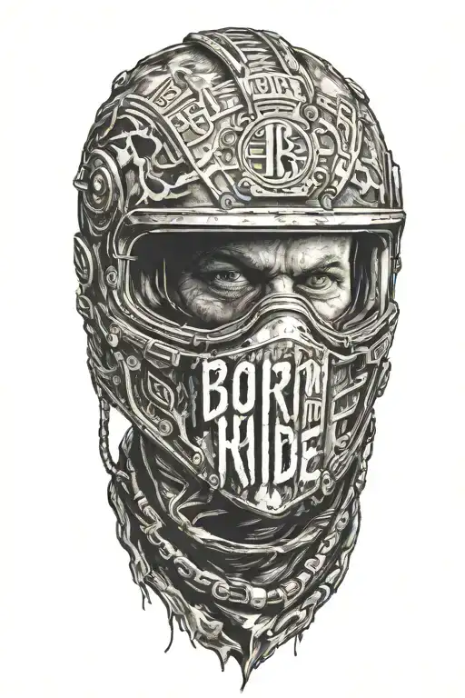 "Born To Ride" texi in horror style, under head of motocross helmet with gun poined to it and below dirt bike tire mark tattoo design idea