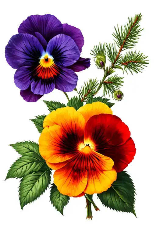 PNW Pine Tree background, purple scottish thisle, red english rose, orange pansy tattoo design idea