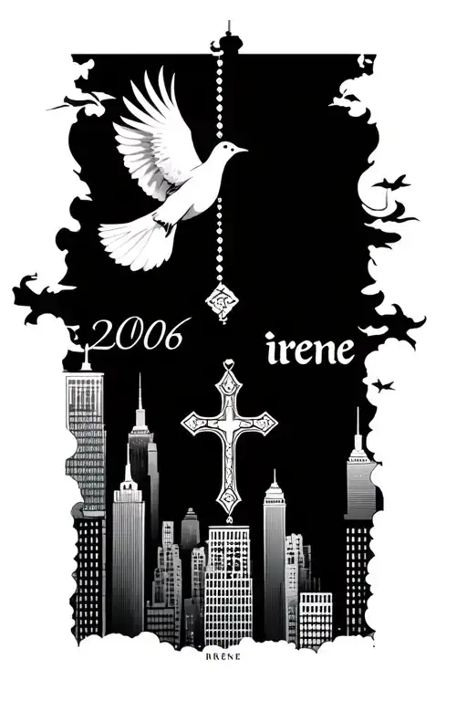 dove flying, 2006 year number, rosary wrapped around a cross, name irene, nyc skyline minimalist  tattoo design idea
