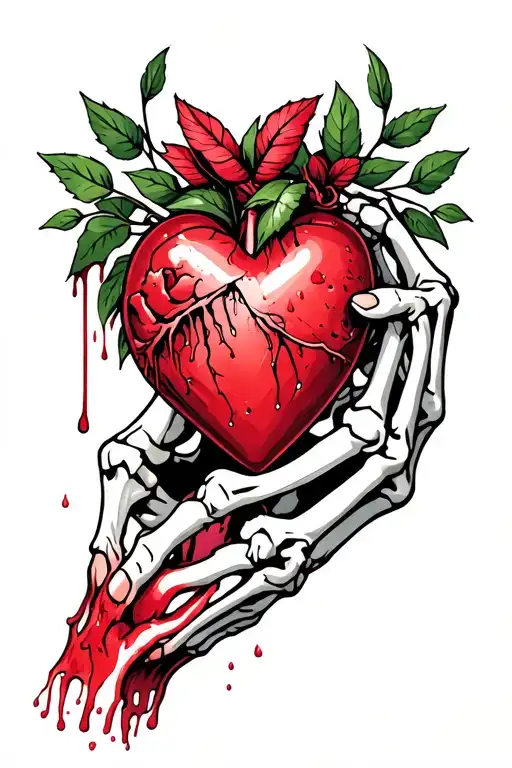 skeleton hand holding a bleeding heart tattoo design idea