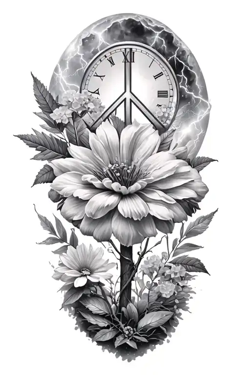 peace and lightining storm and time and nature and flowers and geodes tattoo design idea